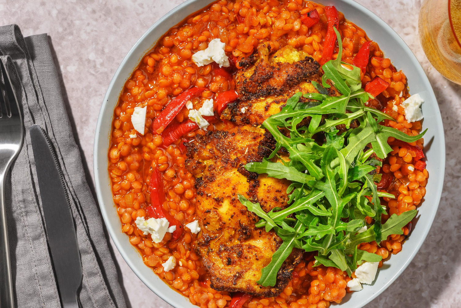 Chermoula Chicken Breast on Caramelised Onion Lentils