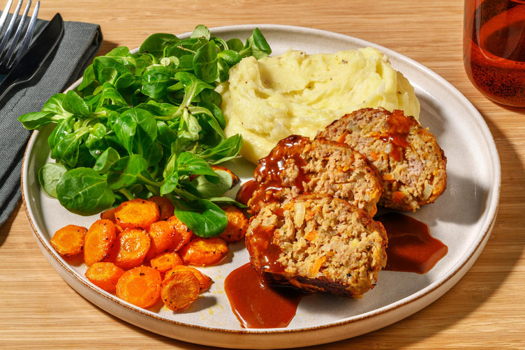 Hackbraten mit Honigmöhrchen und Kartoffelstampf