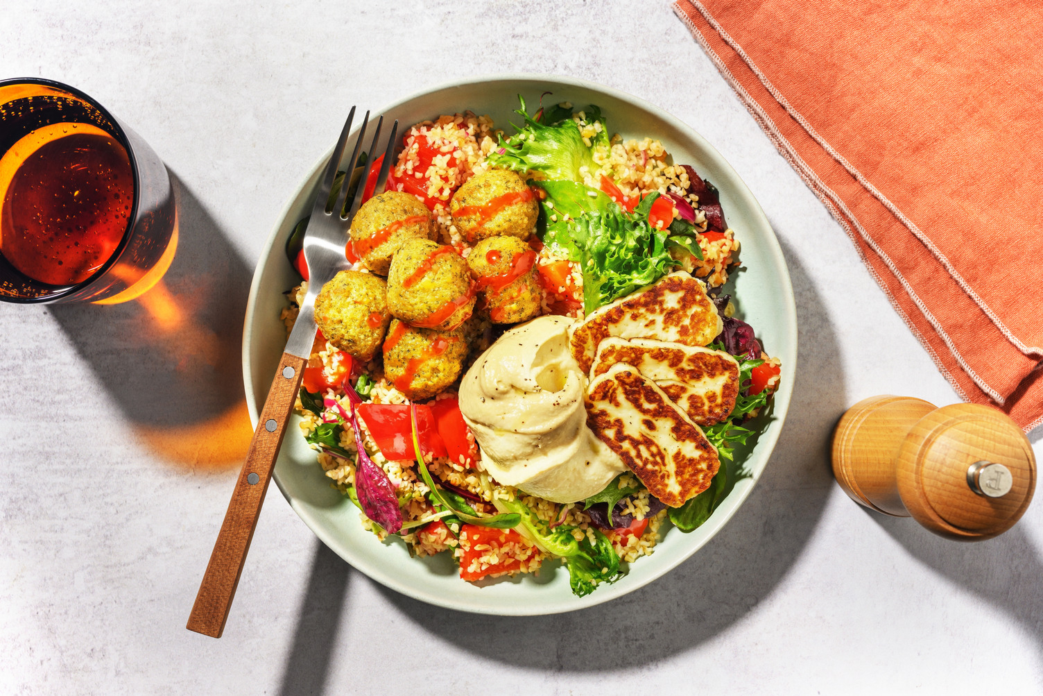 Halloumi, Falafel and Greek Style Yoghurt Bulgur Bowl