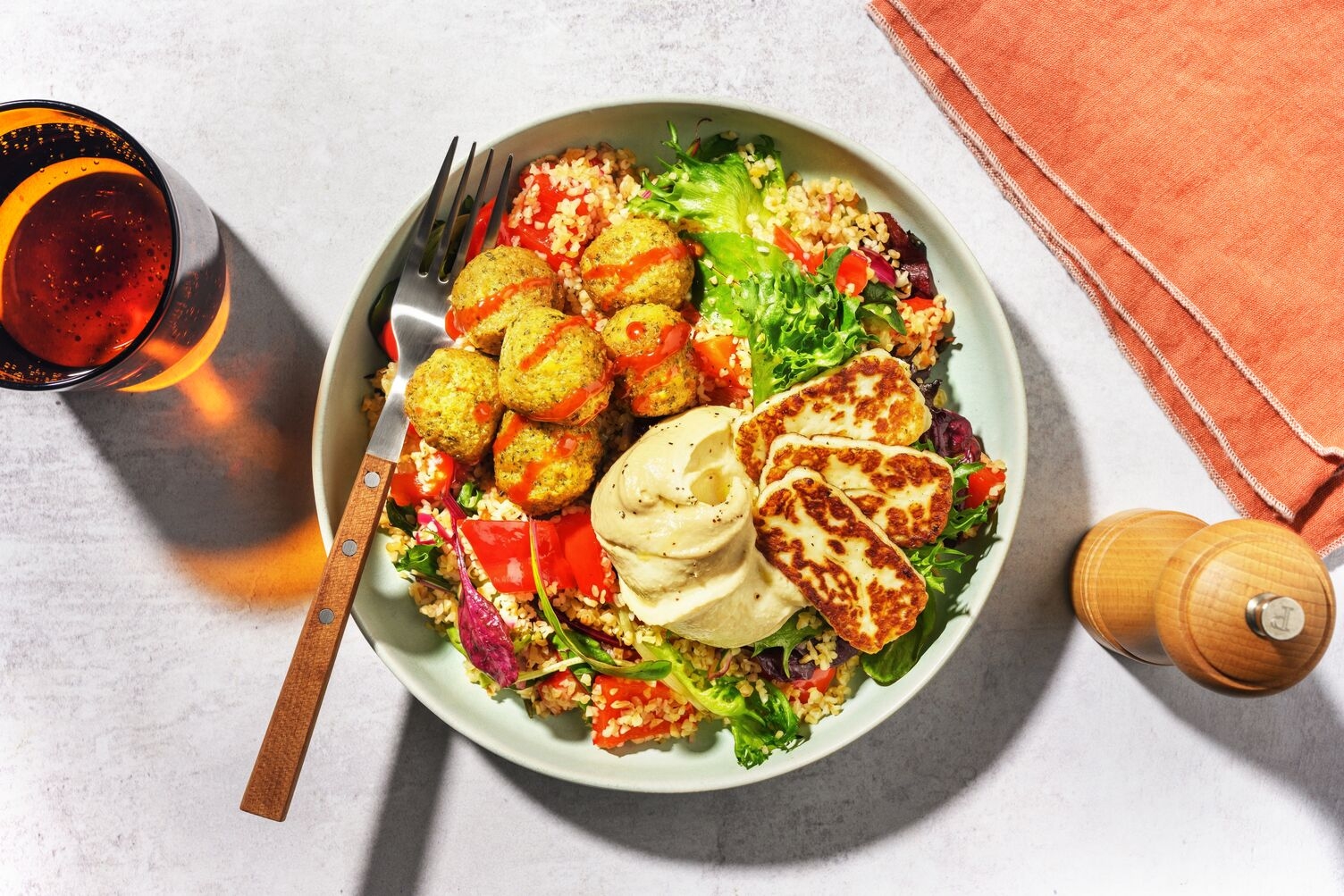Halloumi, Falafel and Greek Style Yoghurt Bulgur Bowl