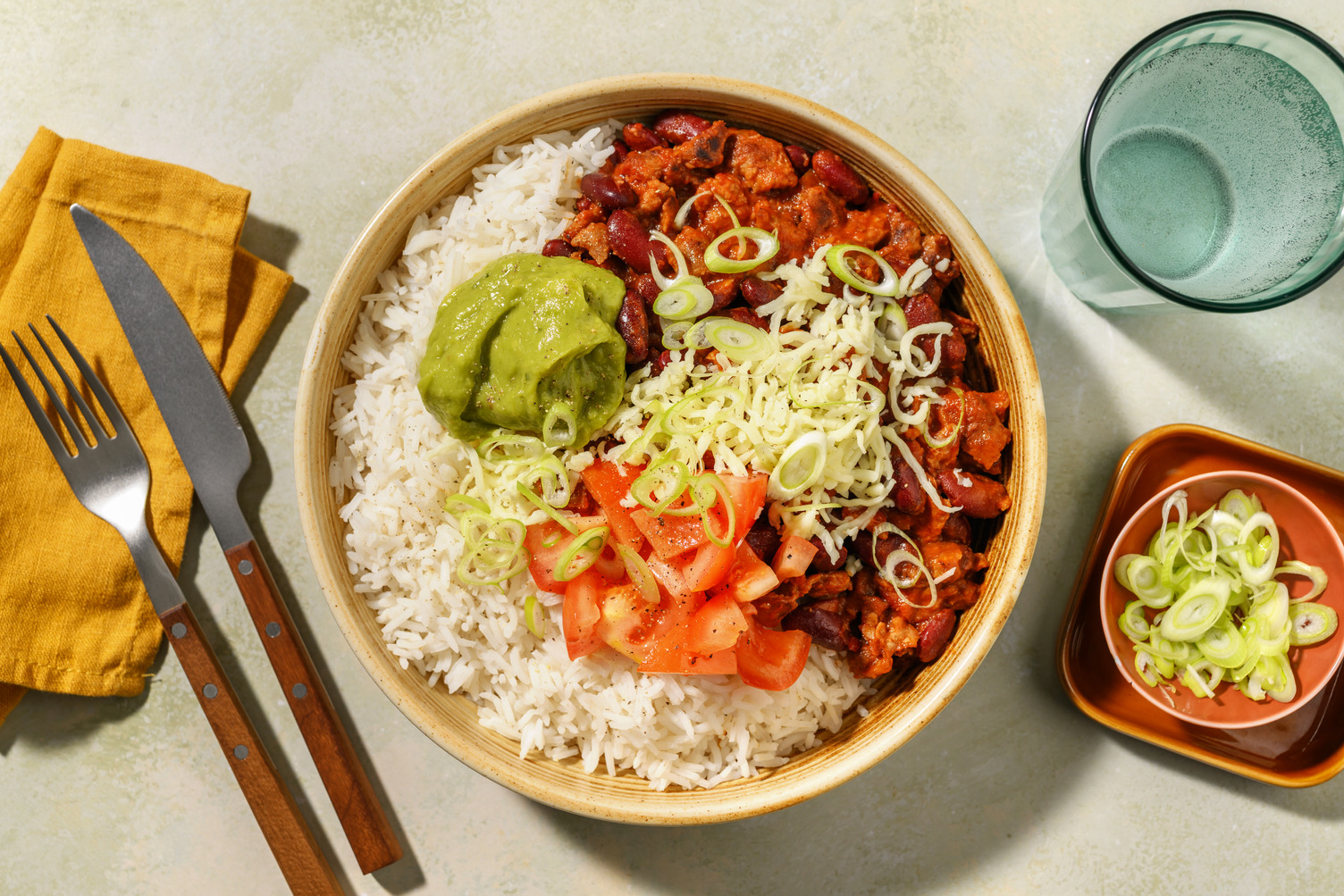 Meat-Free Mince Chilli non Carne Loaded Rice Bowl