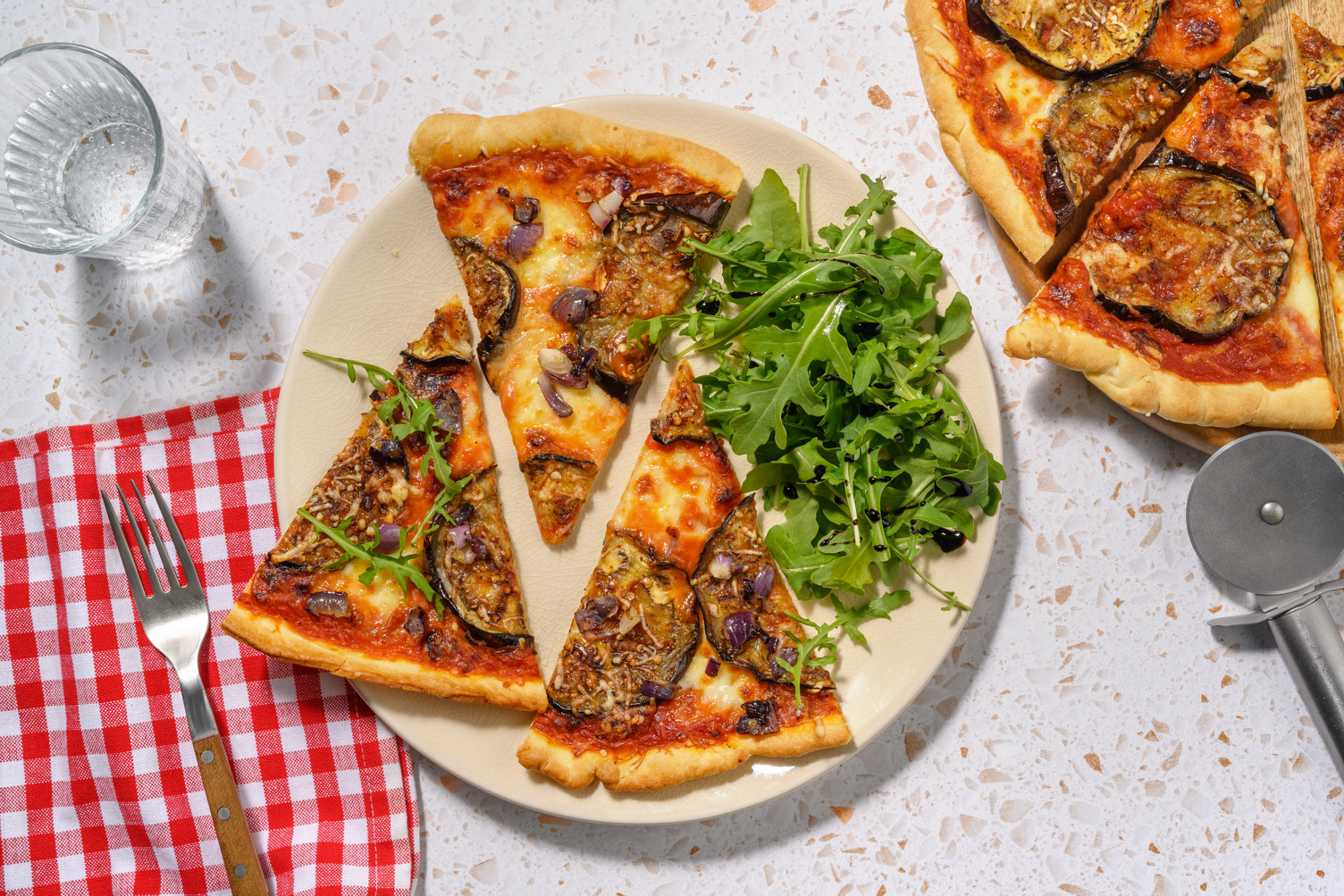 Harissa Aubergine and Caramelised Onion Pizza