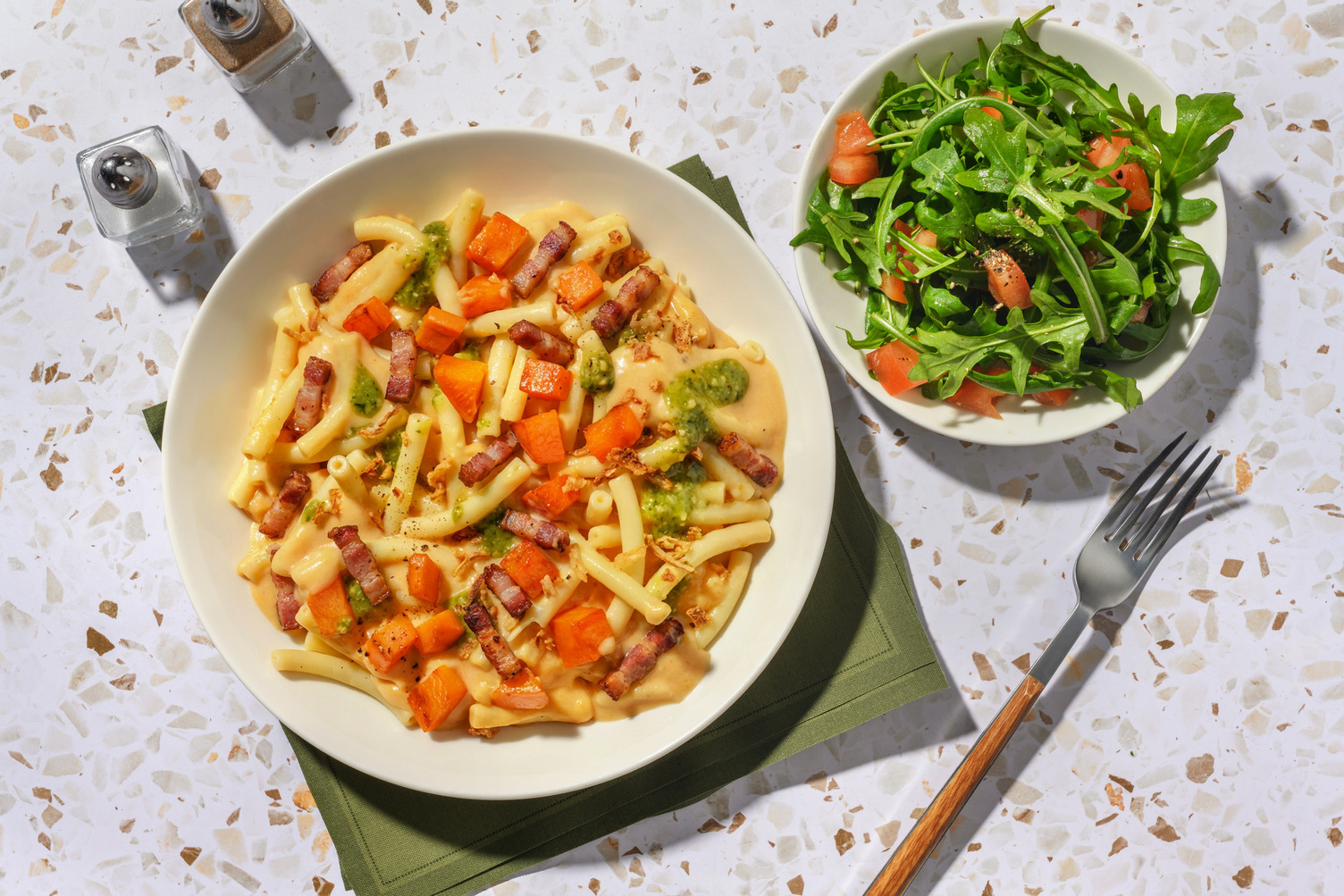 Bacon, Roasted Butternut Bacon and Pesto Mac & Cheese