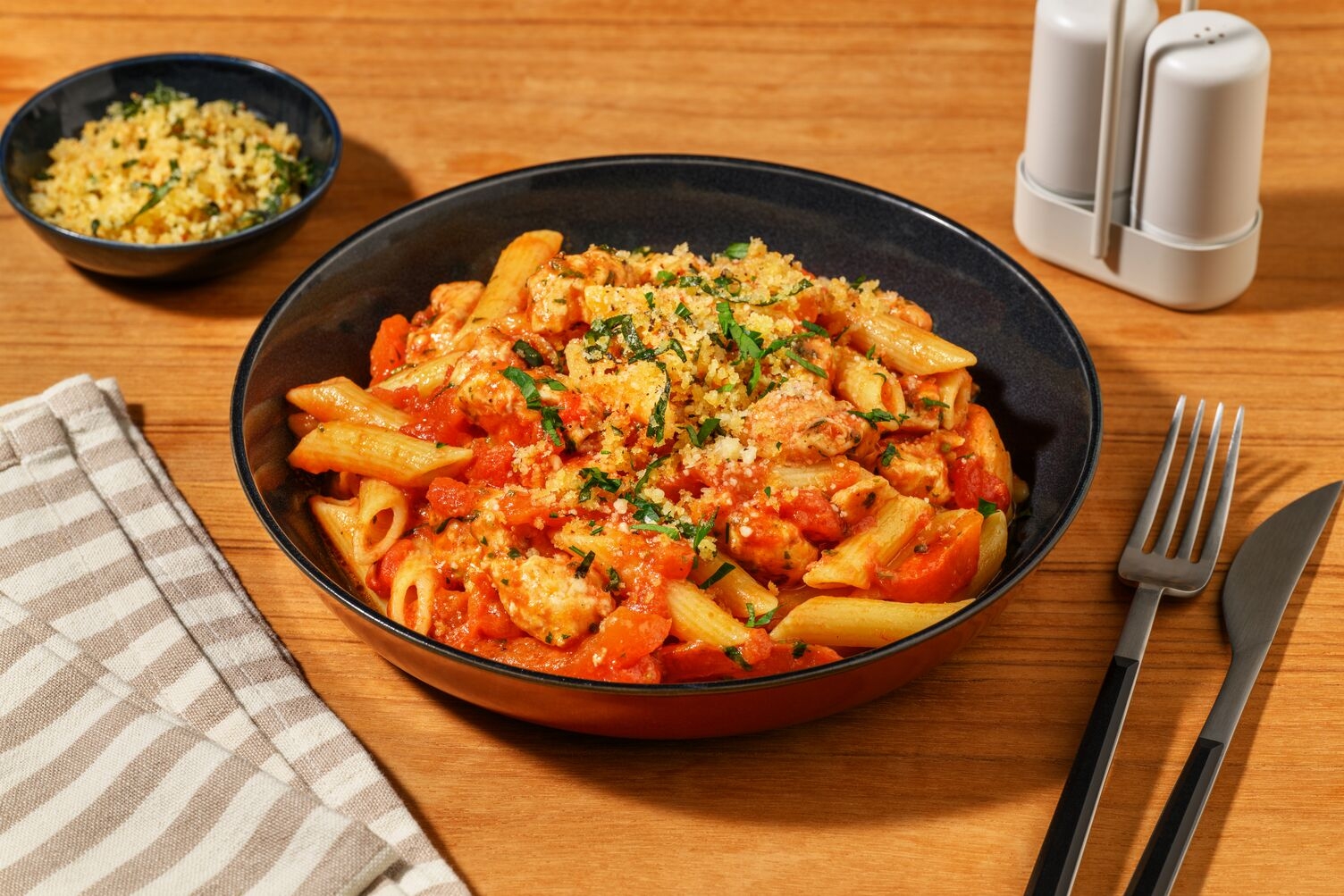 Pasta al Pomodoro mit doppelt Hähnchen
