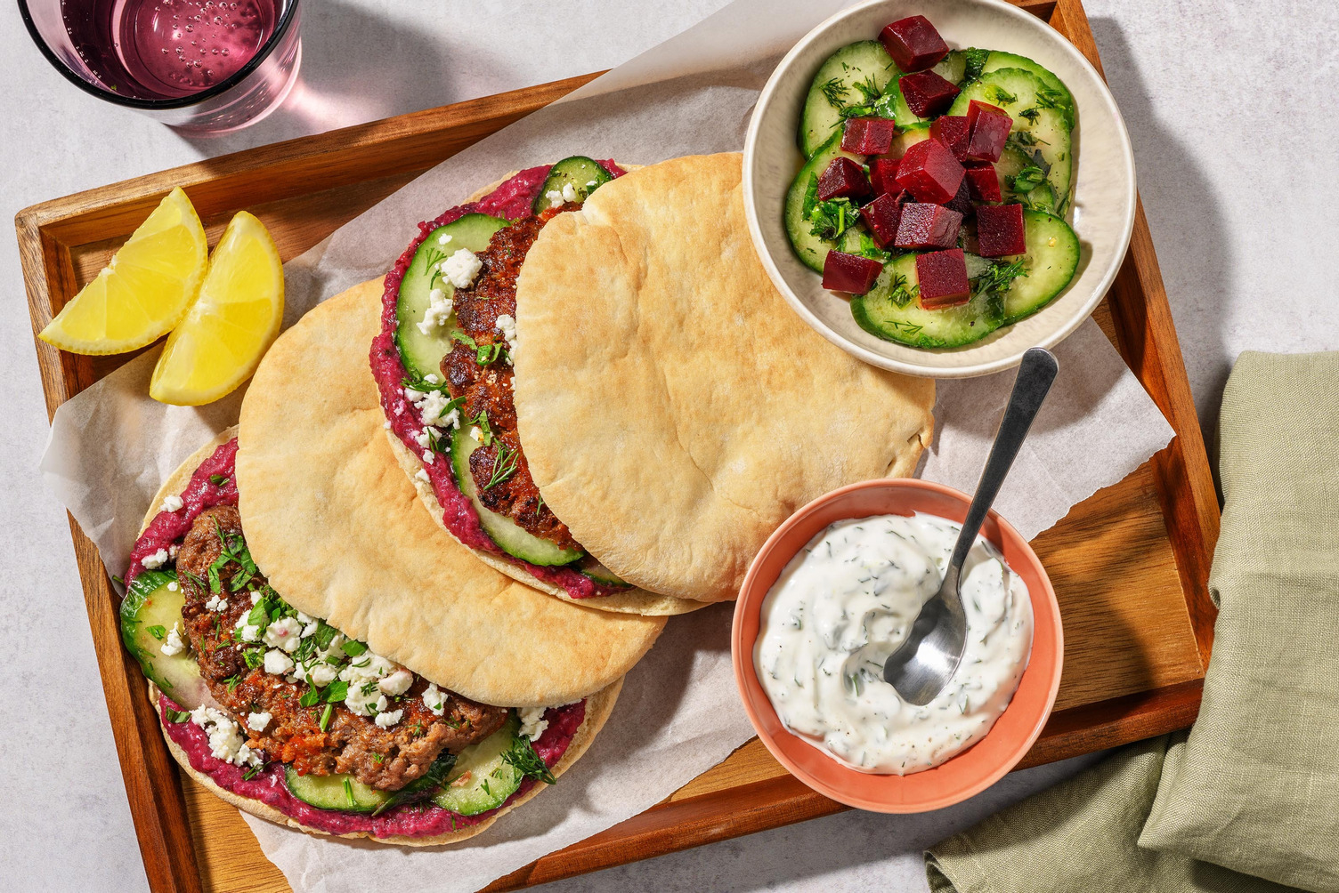 Hot Honey Burger Pitas with Beetroot Spread