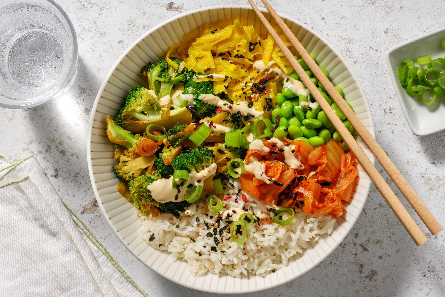 Black Garlic Broccoli Bowl with Kimchi & Edamame