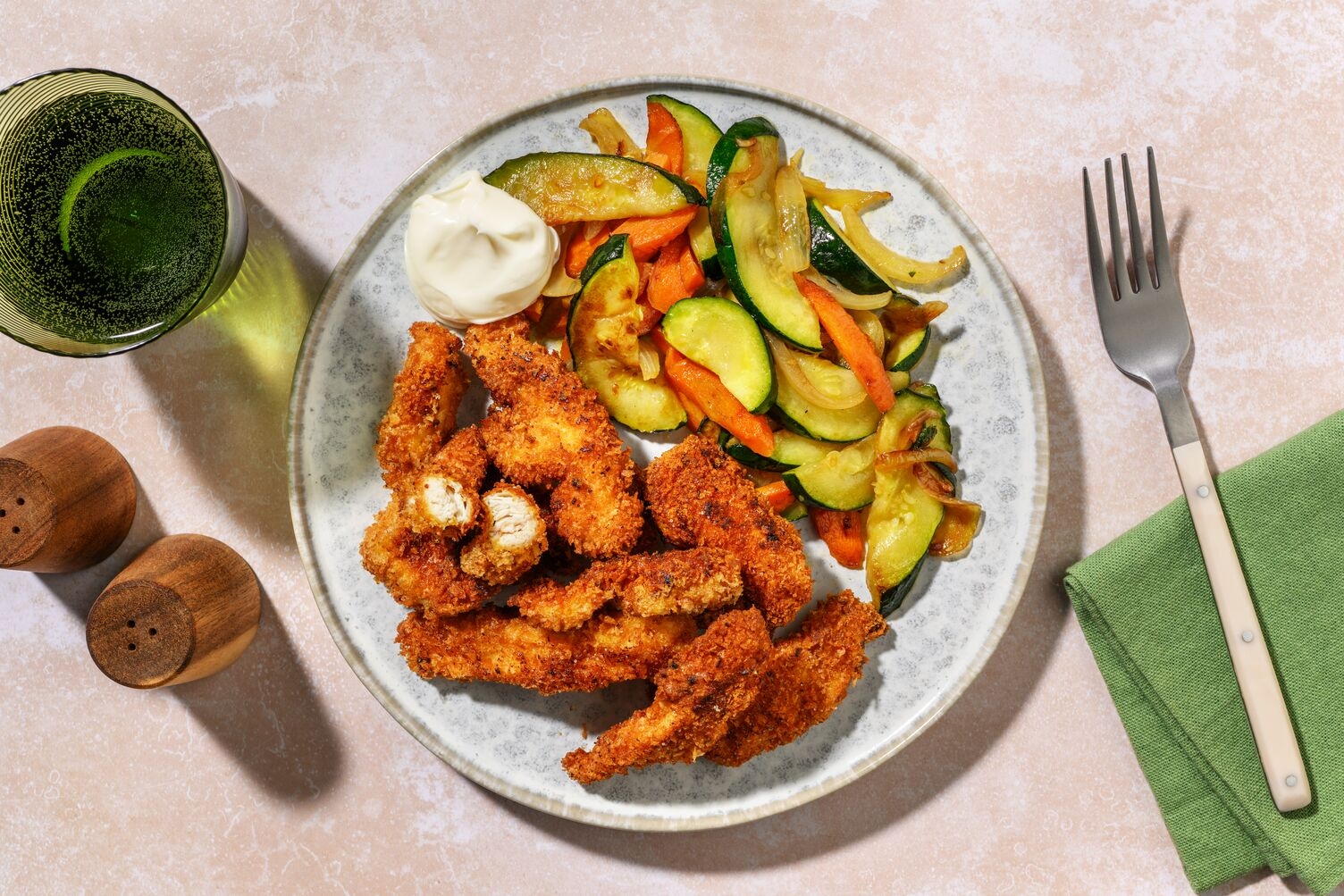 Crumbed Pork Schnitzel & Garlic Veggies