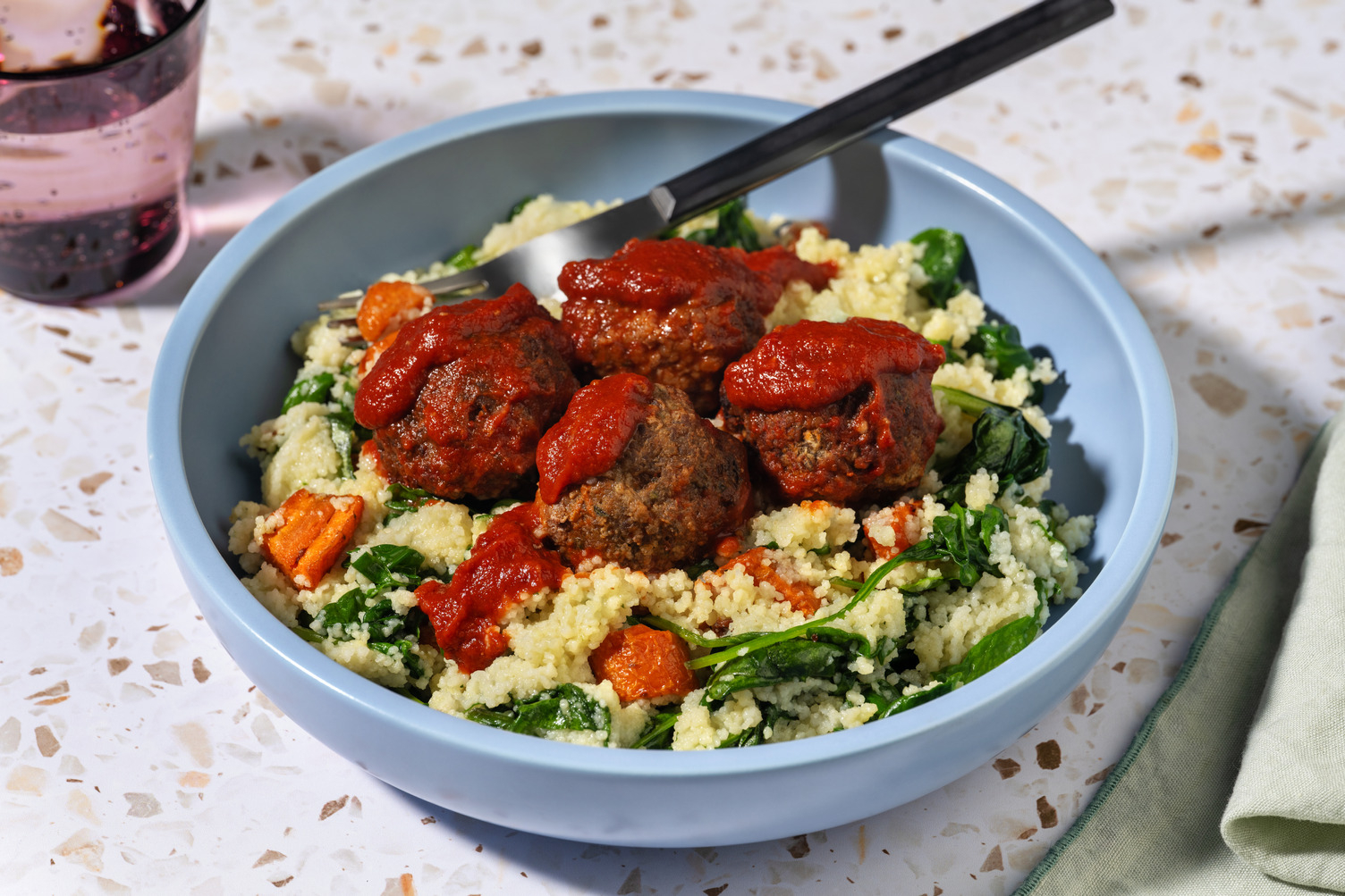 Double Baked Beef Meatballs & Roast Veg Couscous