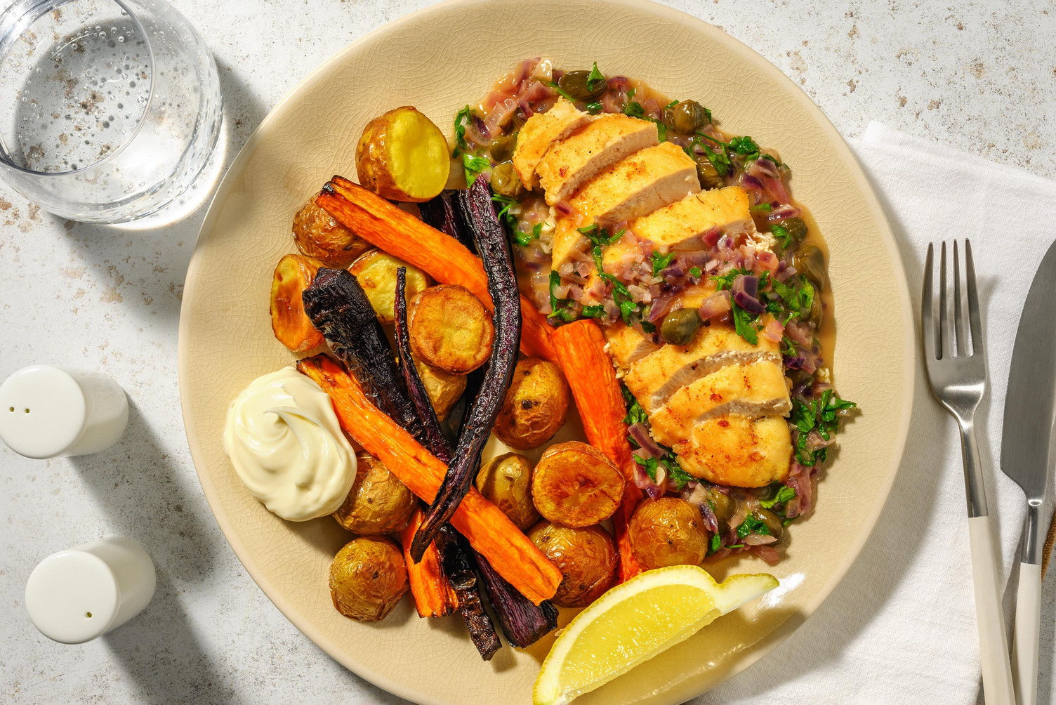 Kalkoenpiccata met ovengebakken patatjes