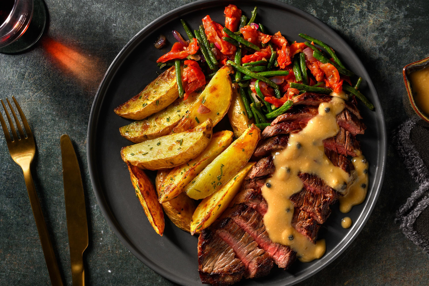 Steak met zwartepepersaus