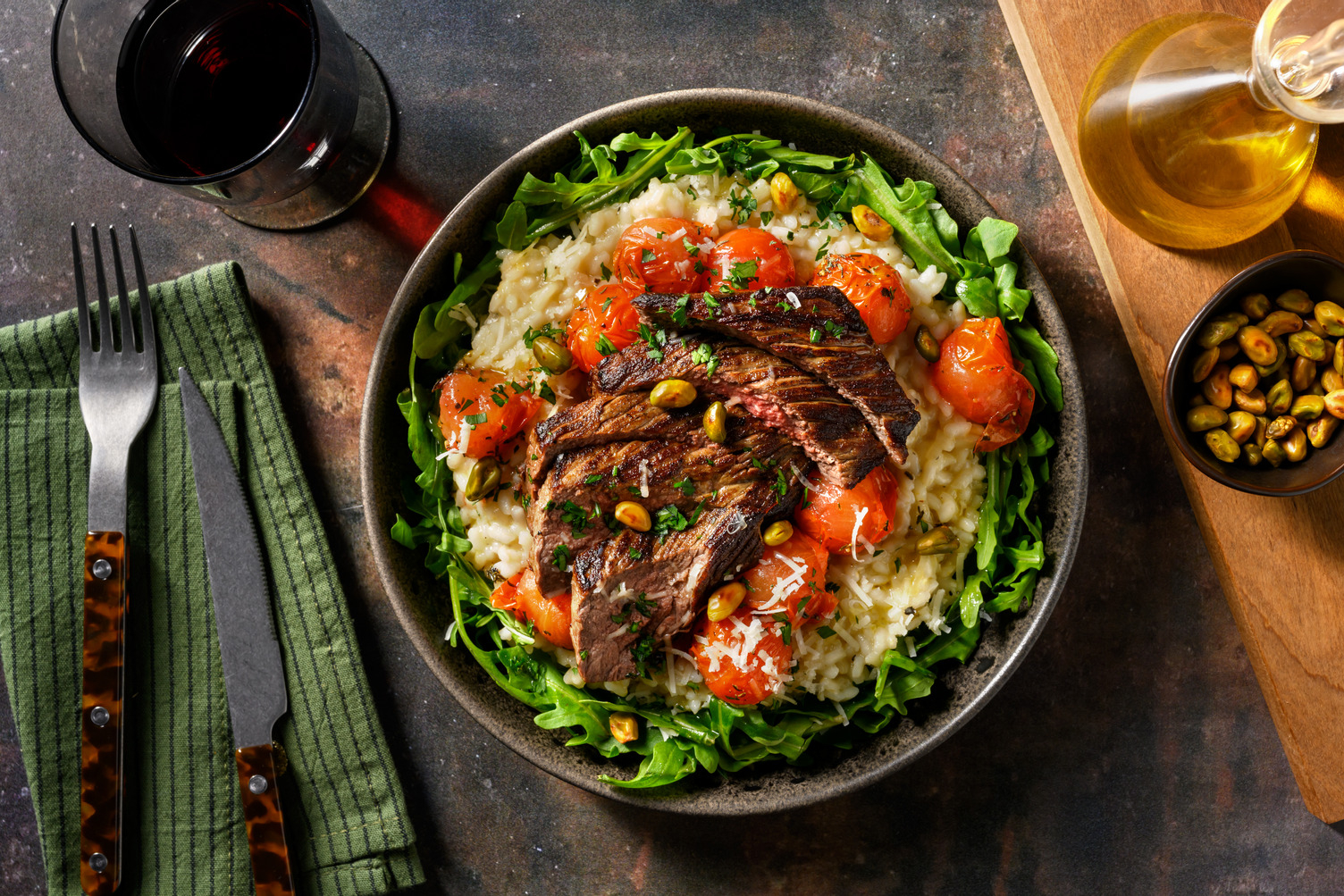 Entrecote met Parmigiano-risotto en rucola
