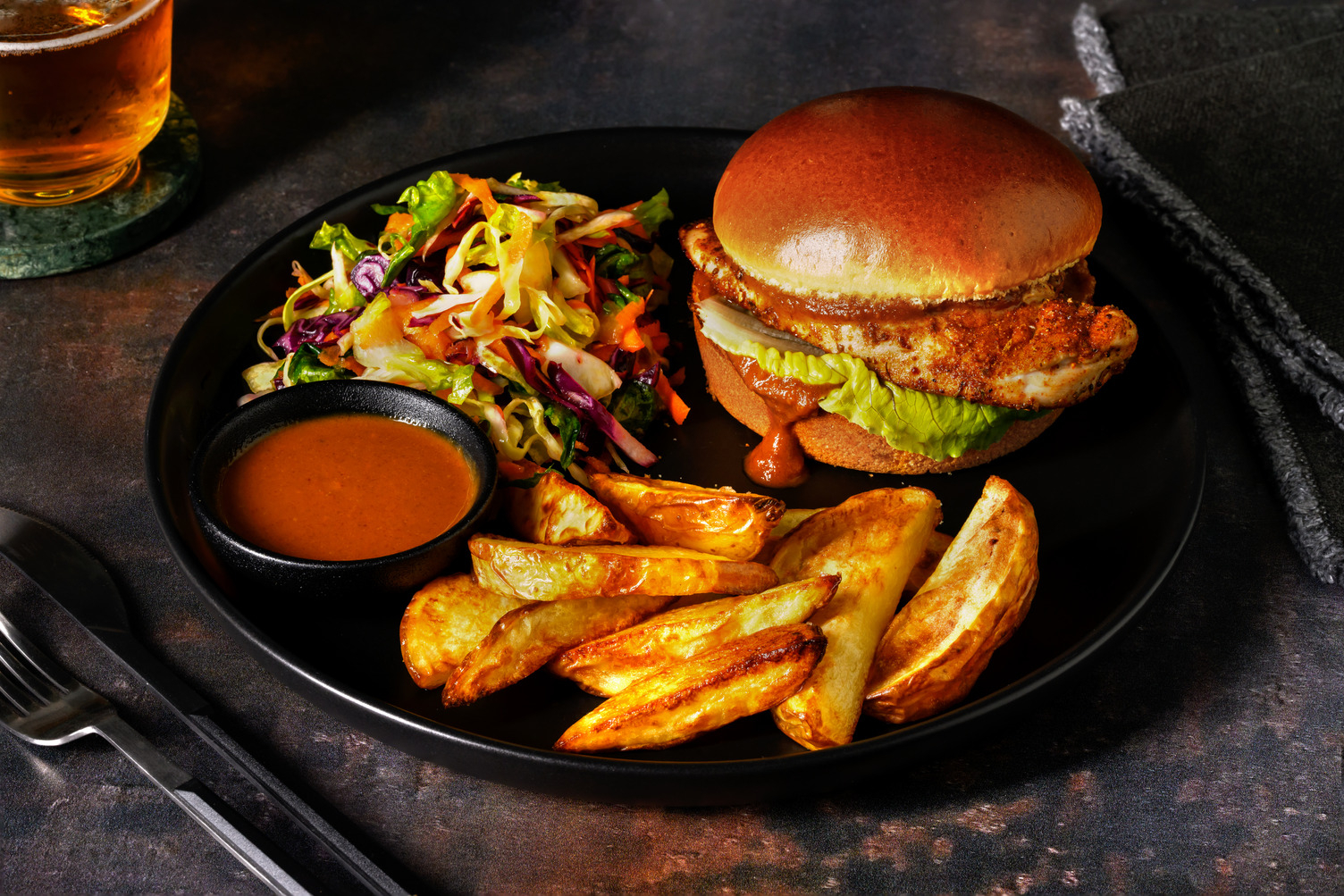 Chicken Satay Burger and Wedges