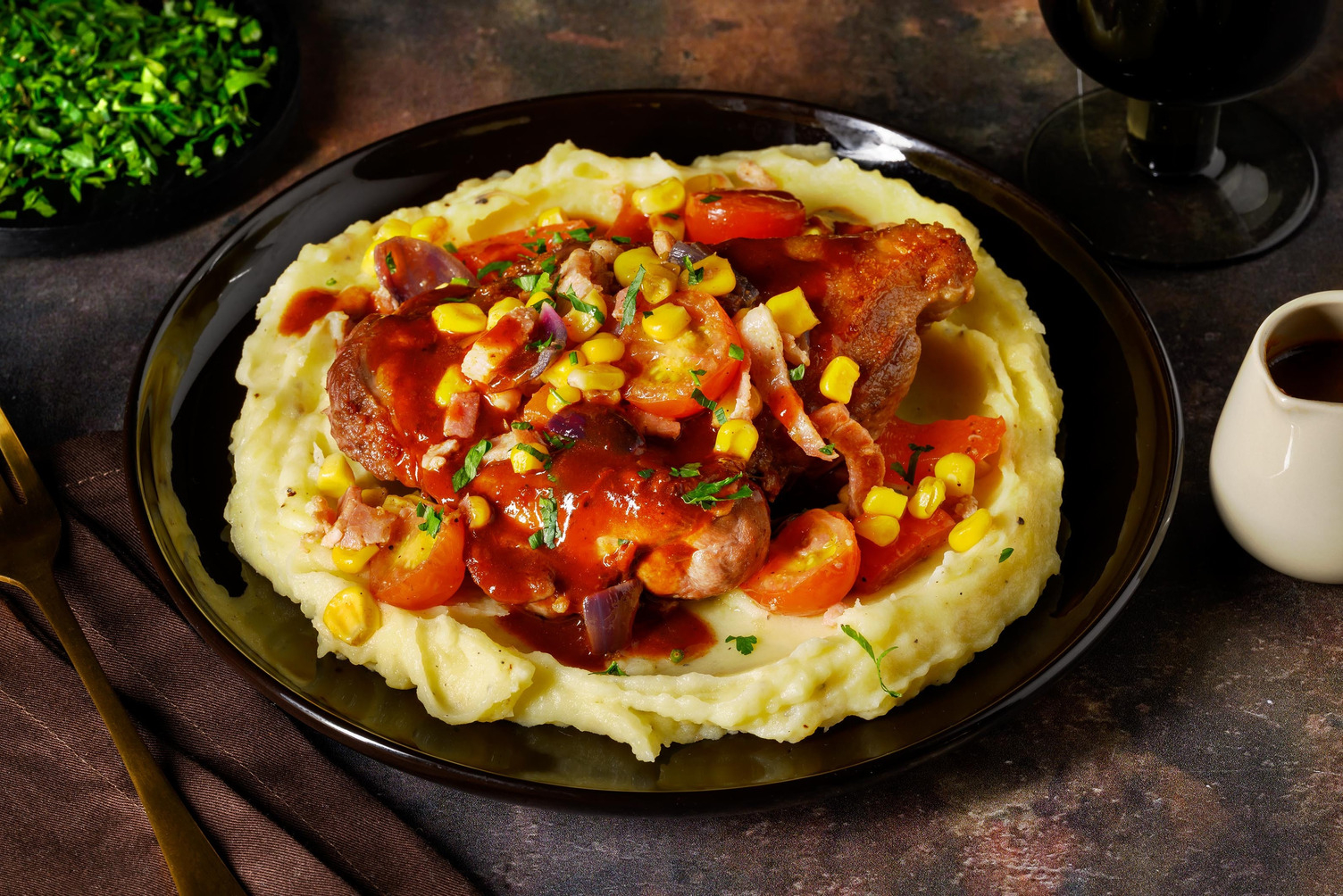 Gekonfijte eend op z'n Amerikaans met smokey saus, mais en spek