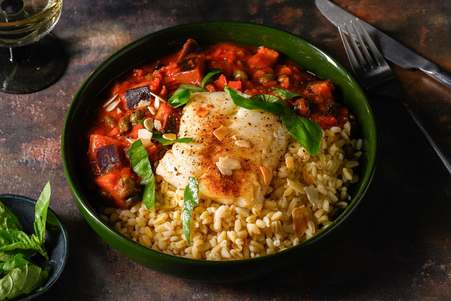 Mijoté d'aubergine et cabillaud façon caponata
