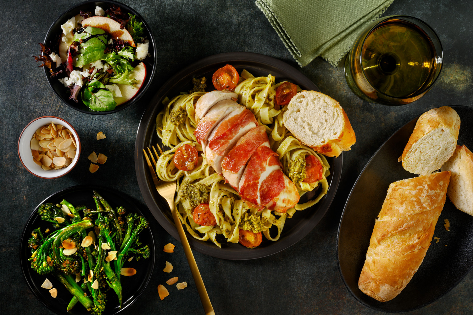 Serrano Ham Wrapped Chicken on Pesto Tagliatelle