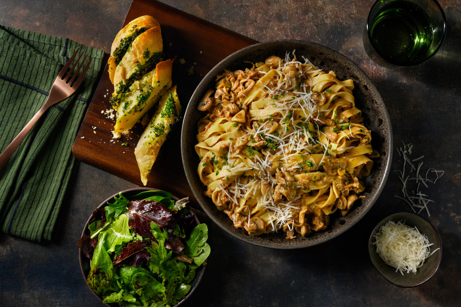 Burrata Topped Triple Mushroom Tagliatelle