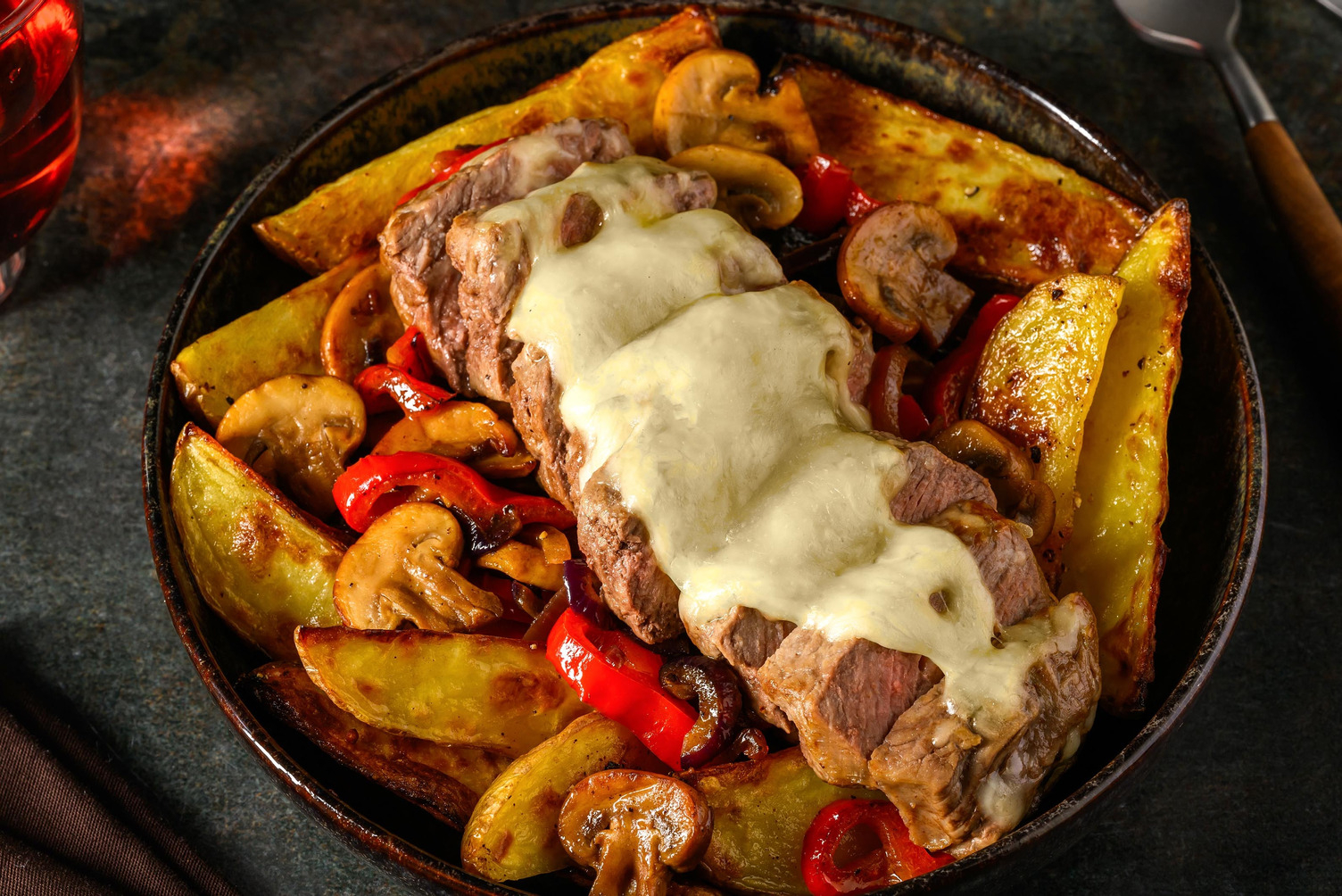 Steak au fromage façon Philadelphie et pommes de terre poêlées