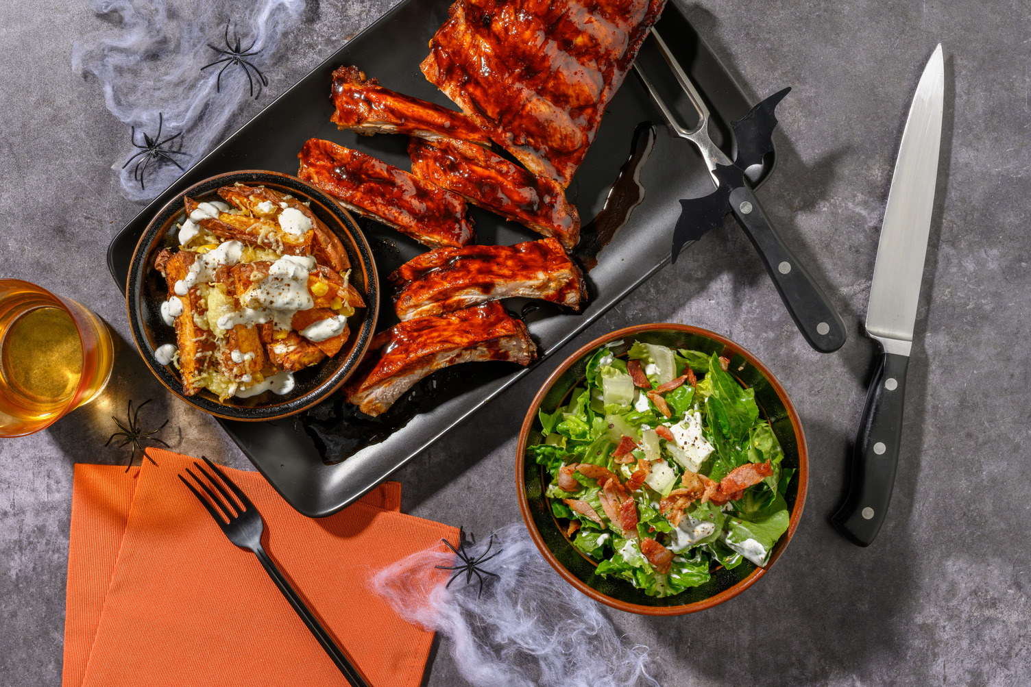AUTUMN/HALLOWEEN Smoky Maple Ribs and Cheesy Sweet Potato Wedges