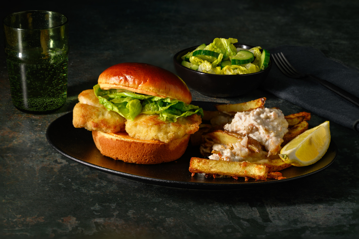 Cod Fillet Burger and Crab Loaded Spiced Fries