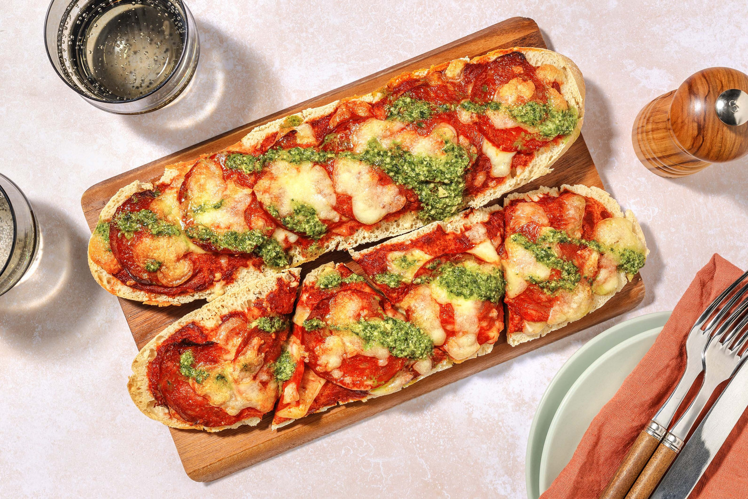 Chorizo, Pesto and Mozzarella Pizza Baguette