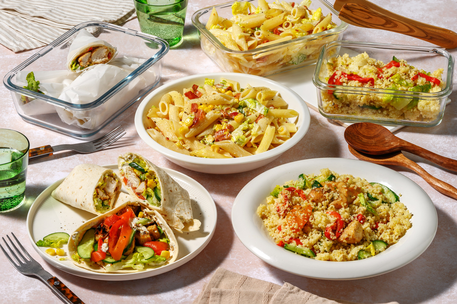 Pasta salad au lard, bowl oriental & wraps de dinde