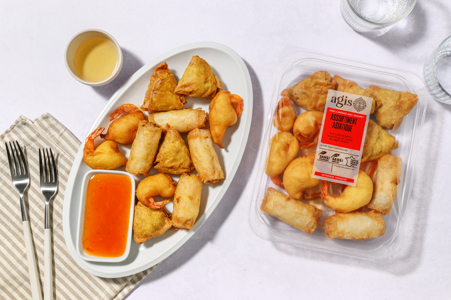Assortiment asiatique : Samossas bœuf, beignets de crevettes & nems au porc