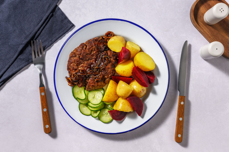 Hakkebøf med bløde løg