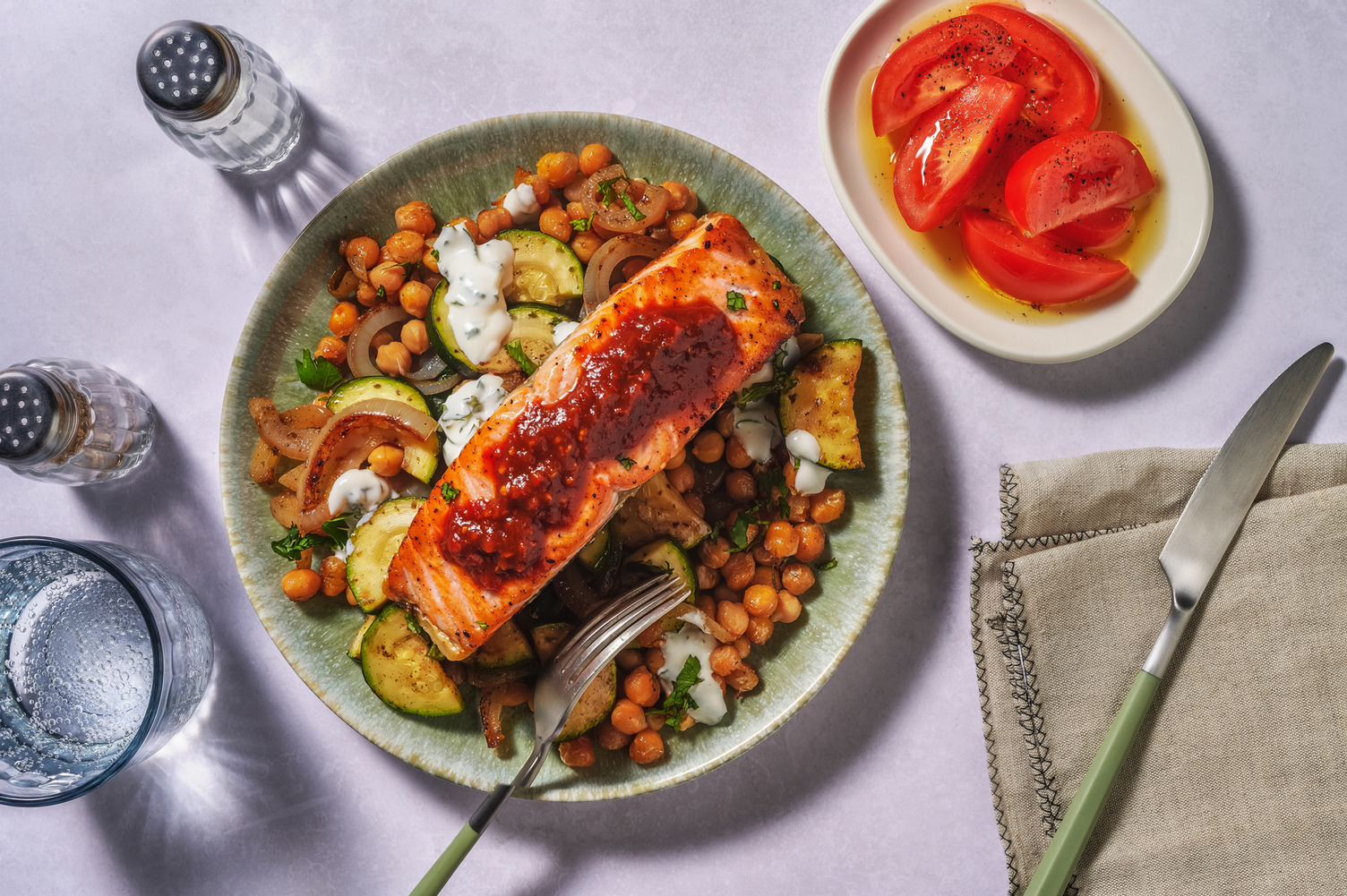 Harissa Pomegranate Salmon and Spicy Veg