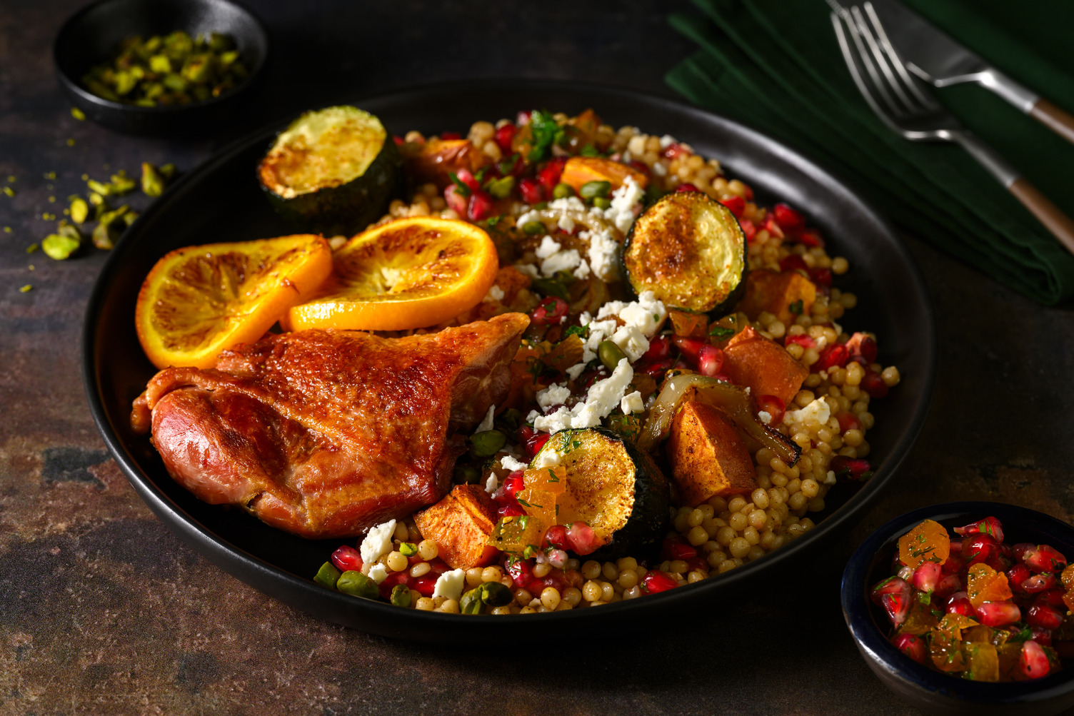 Confit de canard, salsa de grenade & feta