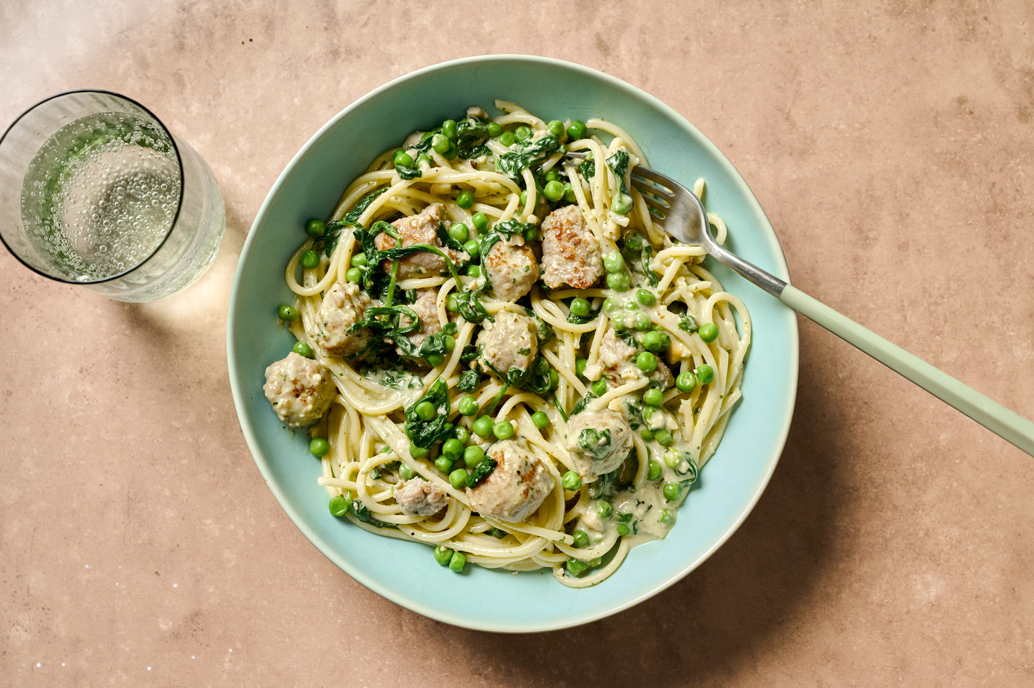Pesto, Pea and Sausage Spaghetti