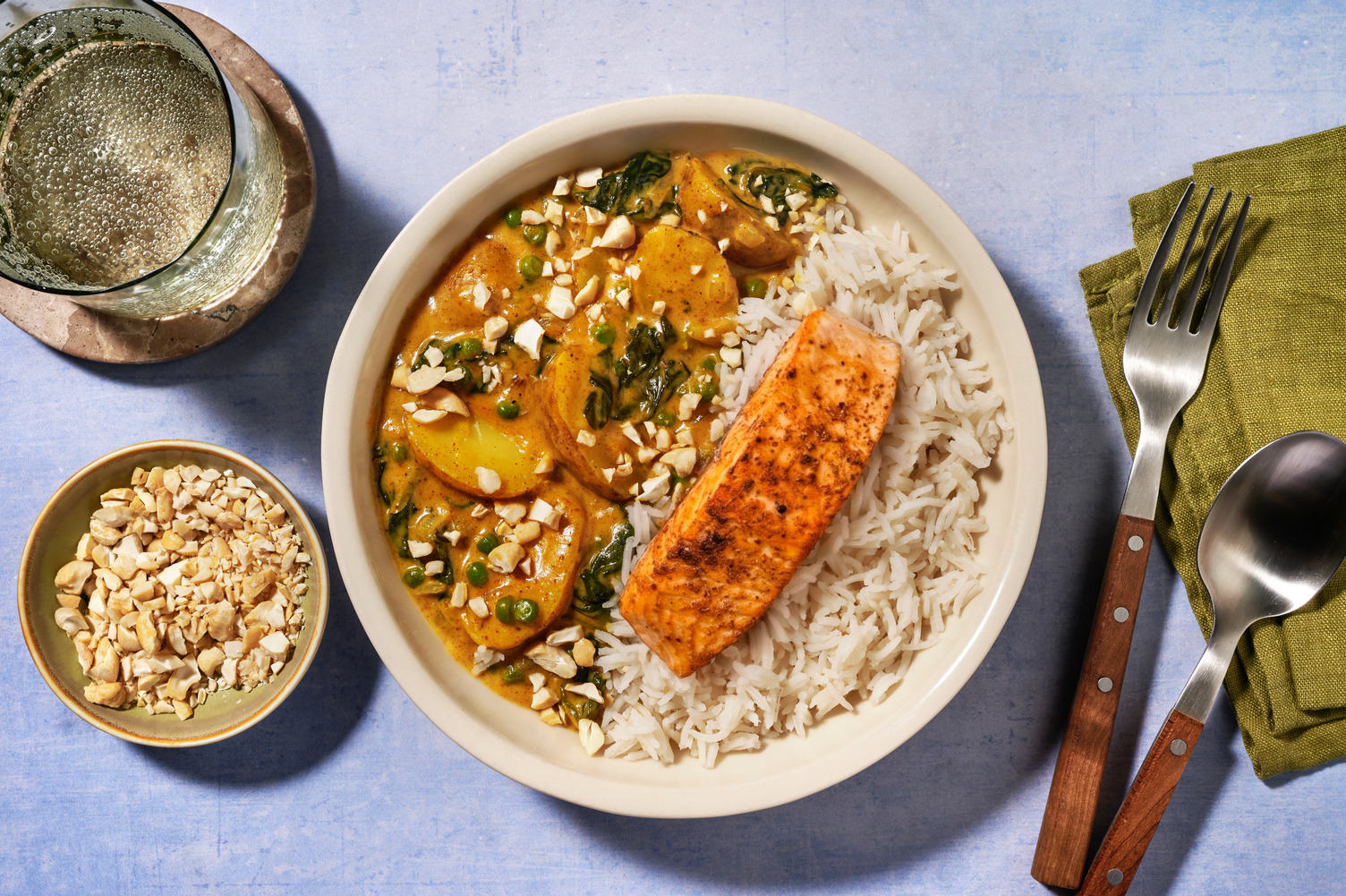 Mild Salmon, Potato, Coconut and Cashew Curry