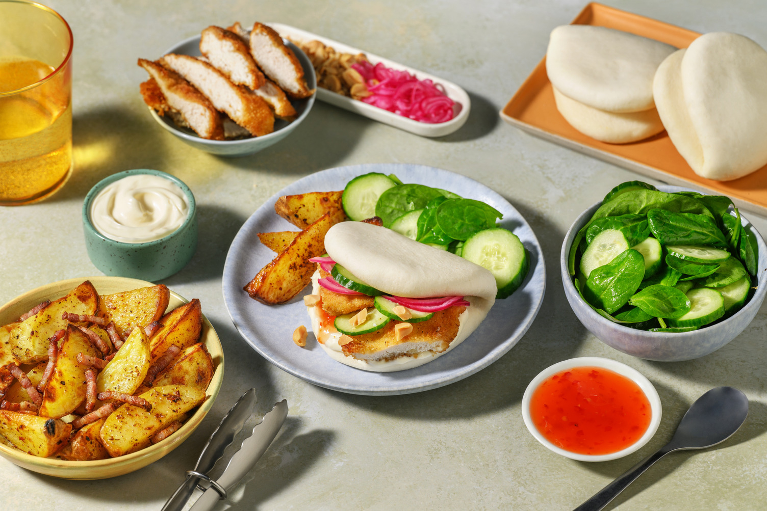 Build Your Own: Fried Chicken Bao, Bacon Wedges and Salad