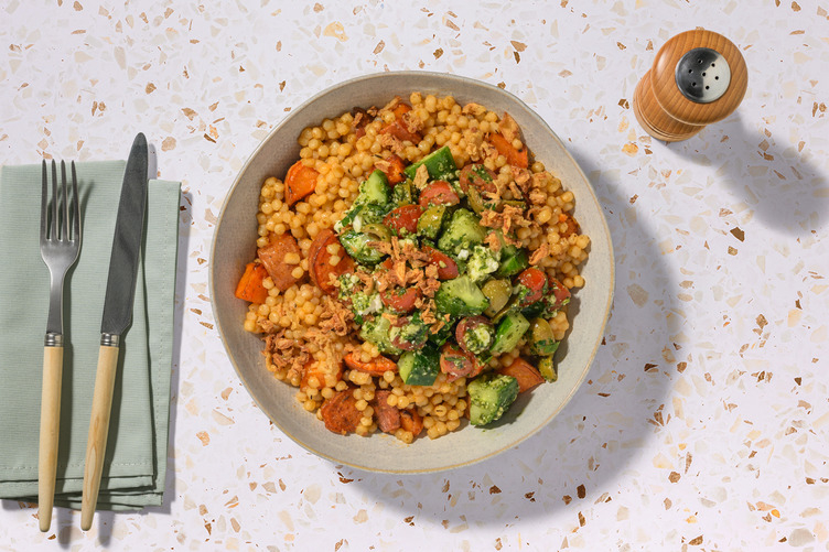 Greek Style Cheese and Pearled Couscous Grain Bowl with Prawns