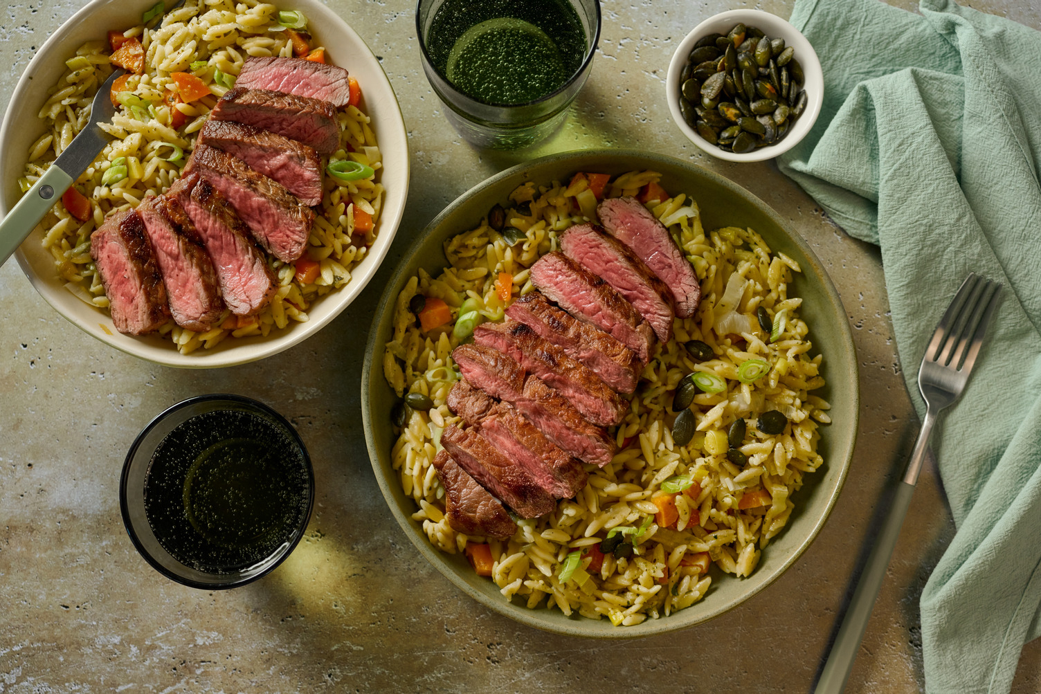 Mediterranean Style Rump Steak and Creamy Pesto Orzo