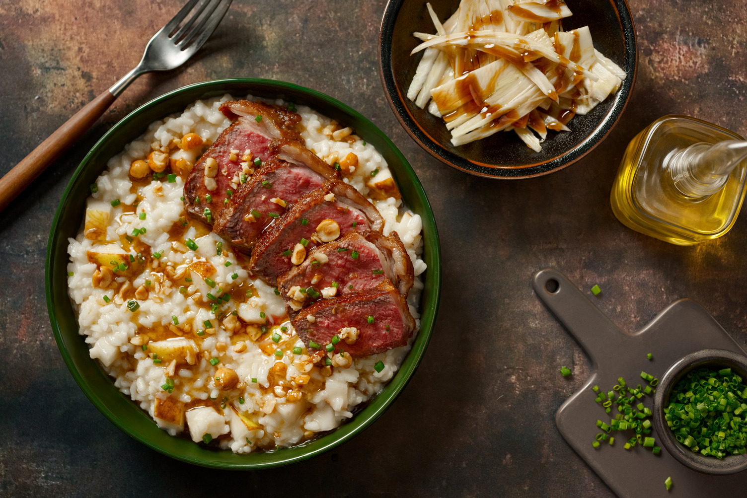 Peppermarinert hjort med gruyere- og pærerisotto