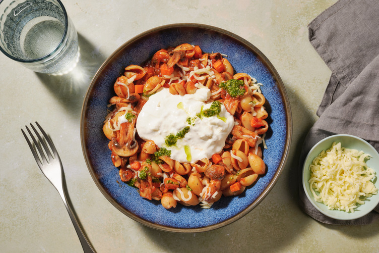 Conchiglie met burrata, pesto en mozzarella
