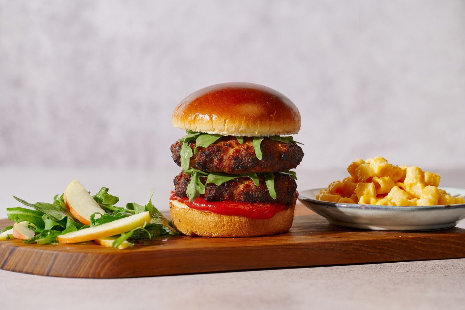 Double Pork & Apple Burgers and Mini Mac & Cheese