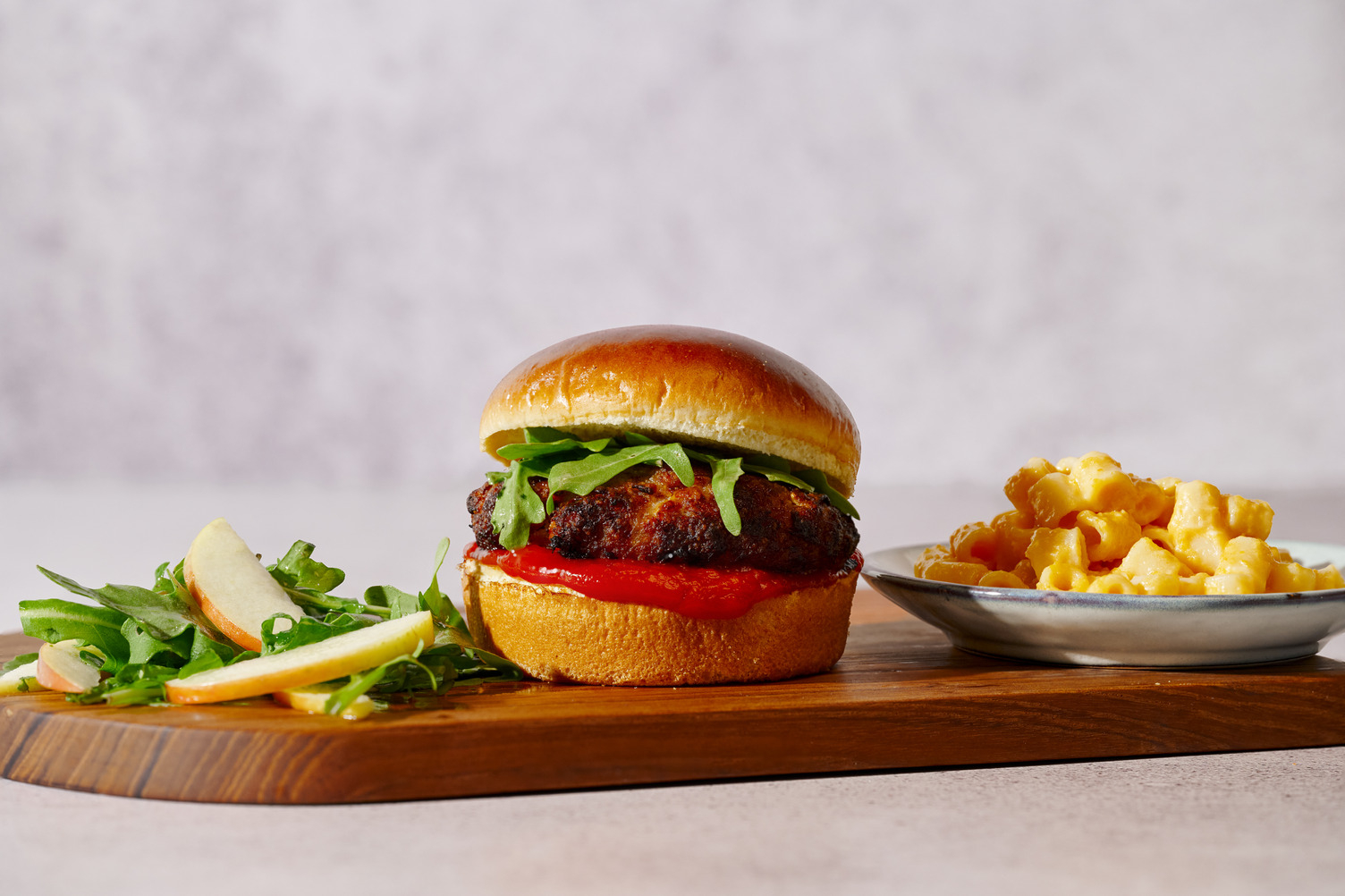 Double Pork & Apple Burgers and Mini Mac & Cheese