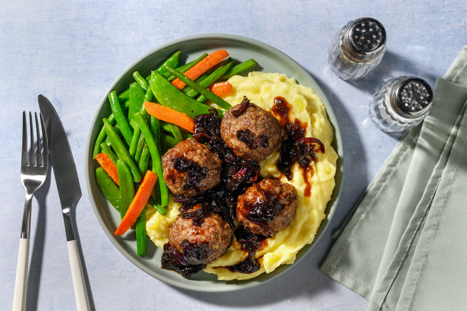 Sticky Onion Beef Meatballs & Cheesy Mash