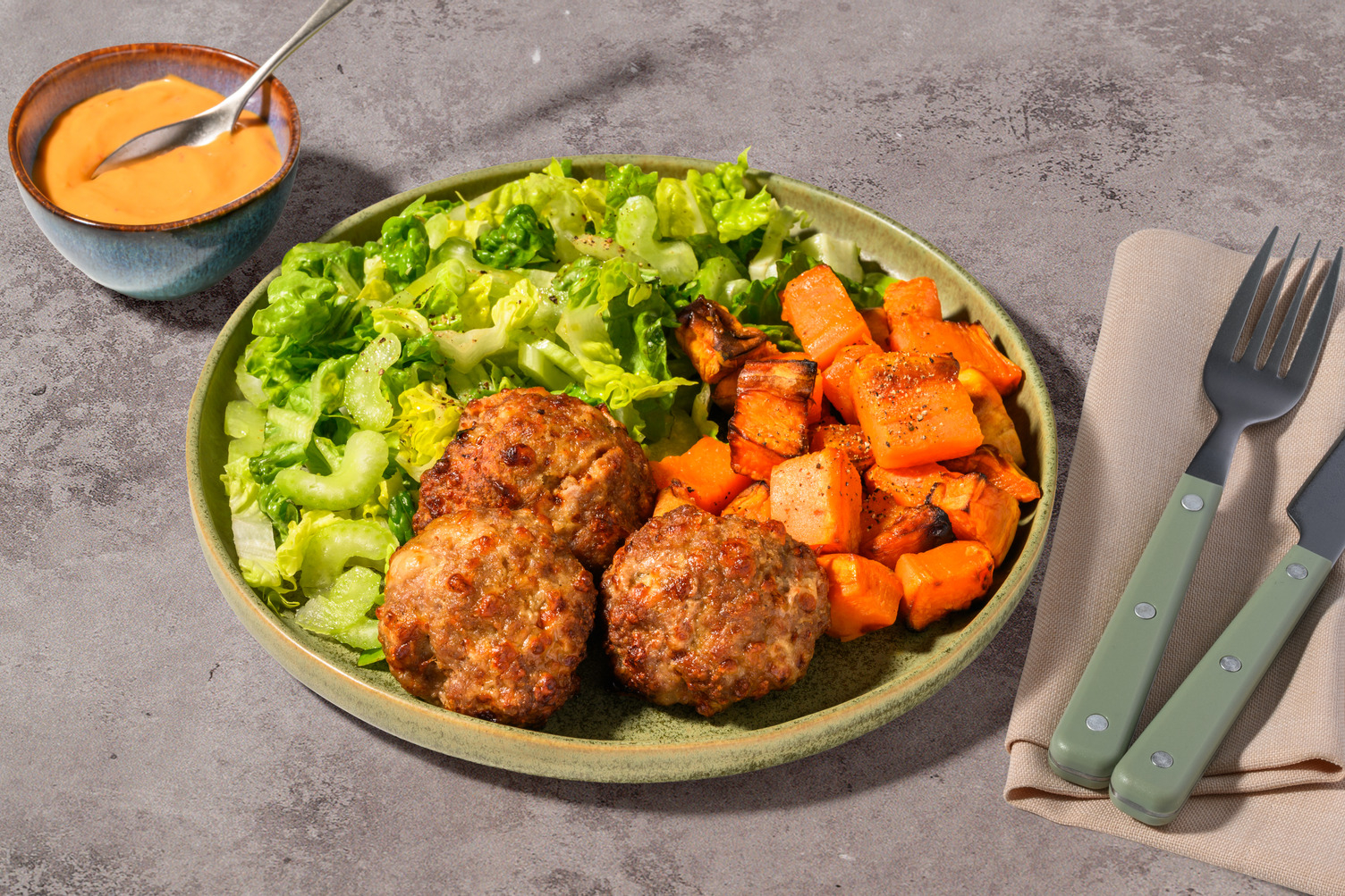 Cheesy Spiced Lamb Rissoles & Roast Kūmara