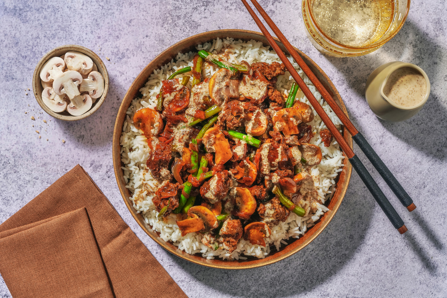 Japanese-Style Pork, Mushroom & Rice Bowl