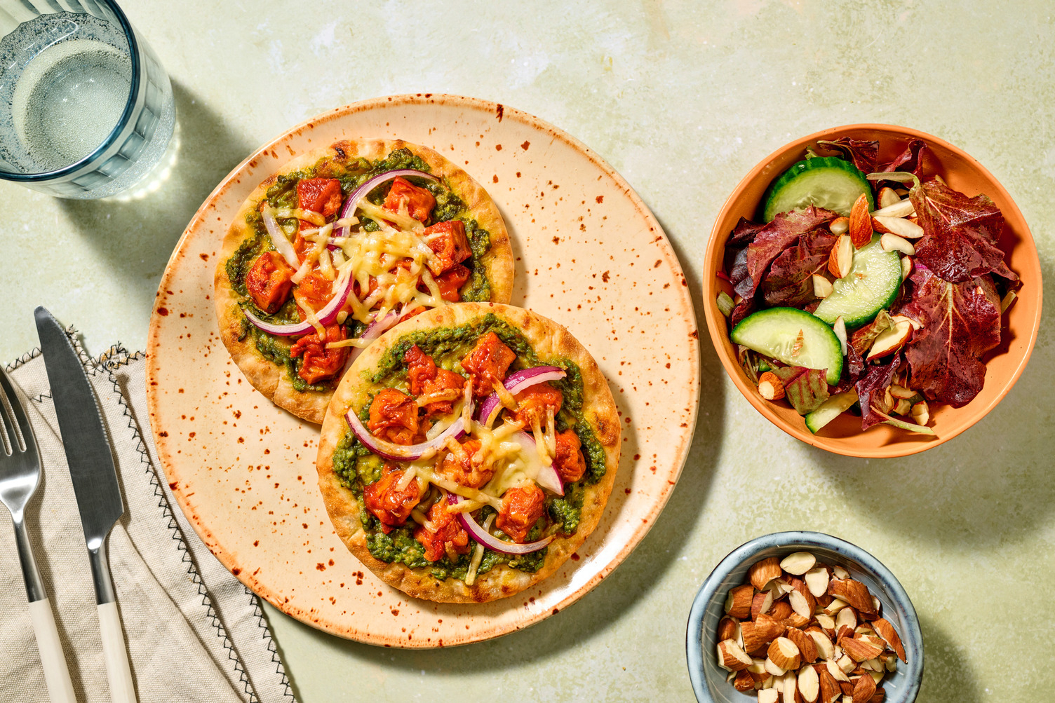 Chicken, Chorizo & Mojo Verde Mini Flatbread Pizzas