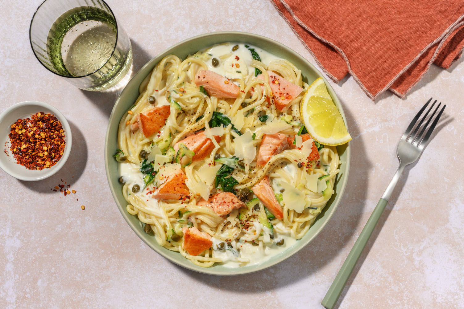 Herby Salmon, Zucchini & Caper Fettuccine