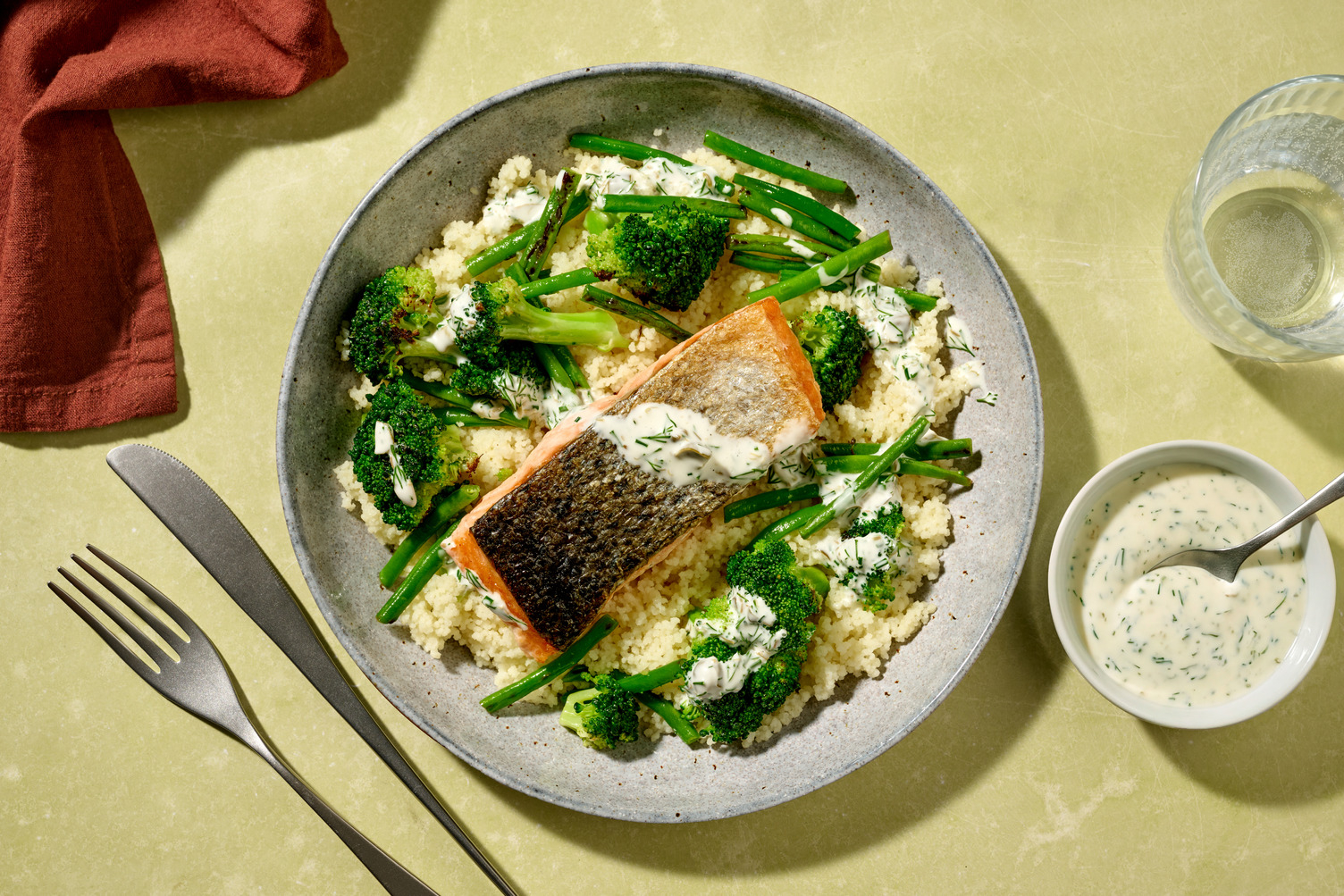 Double Pan-Seared Salmon & Green Veggie Couscous