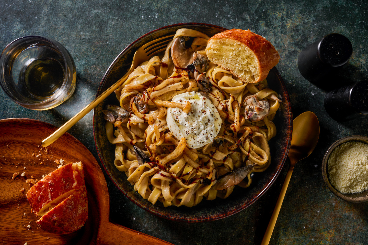 Burrata Topped Triple Mushroom Tagliatelle