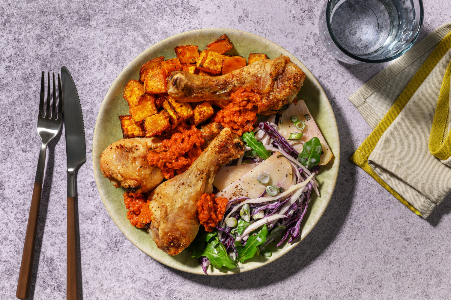 BBQ-Spiced Chicken Drumsticks & Pear Slaw