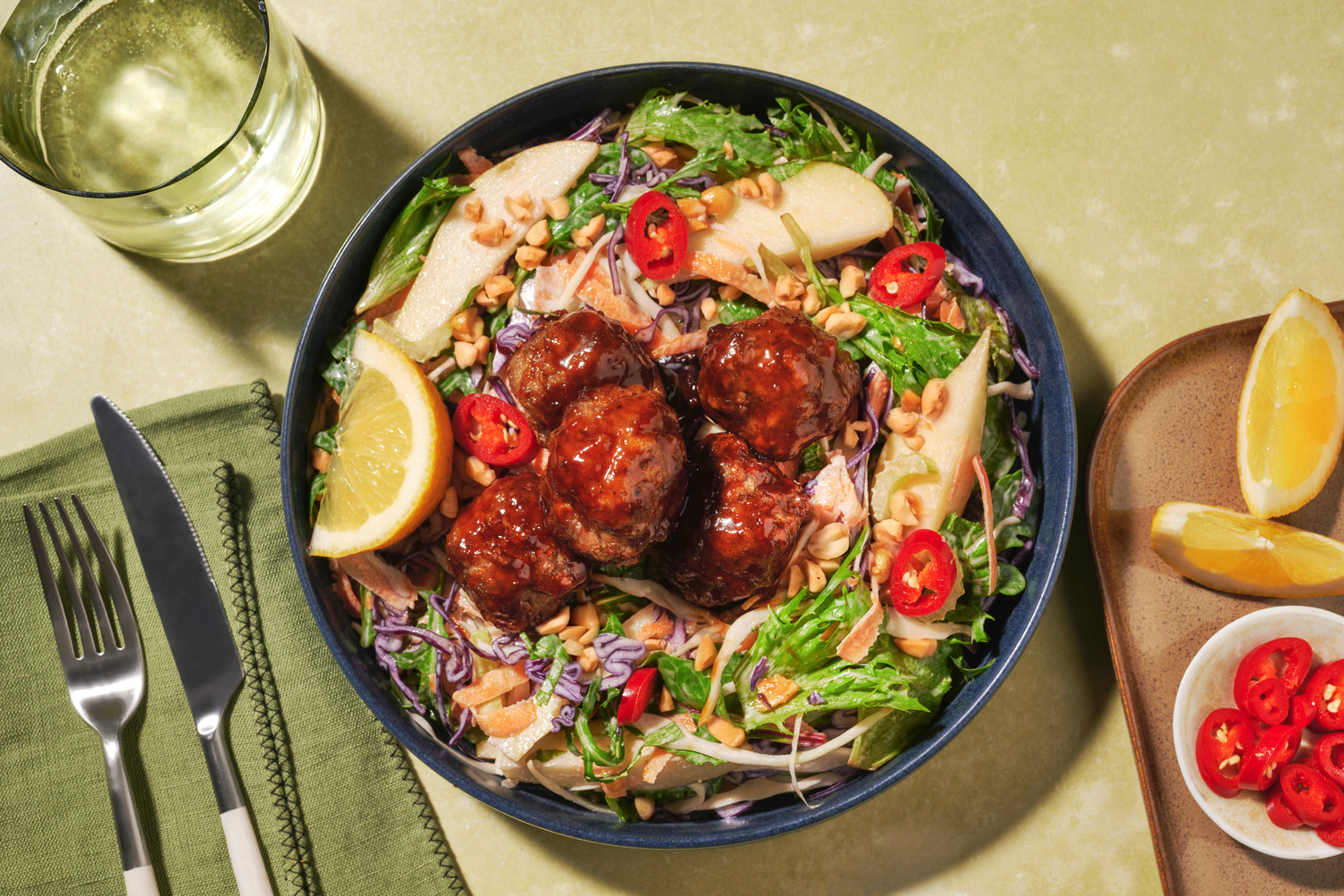Sticky Fragrant Beef Meatballs & Pear Slaw