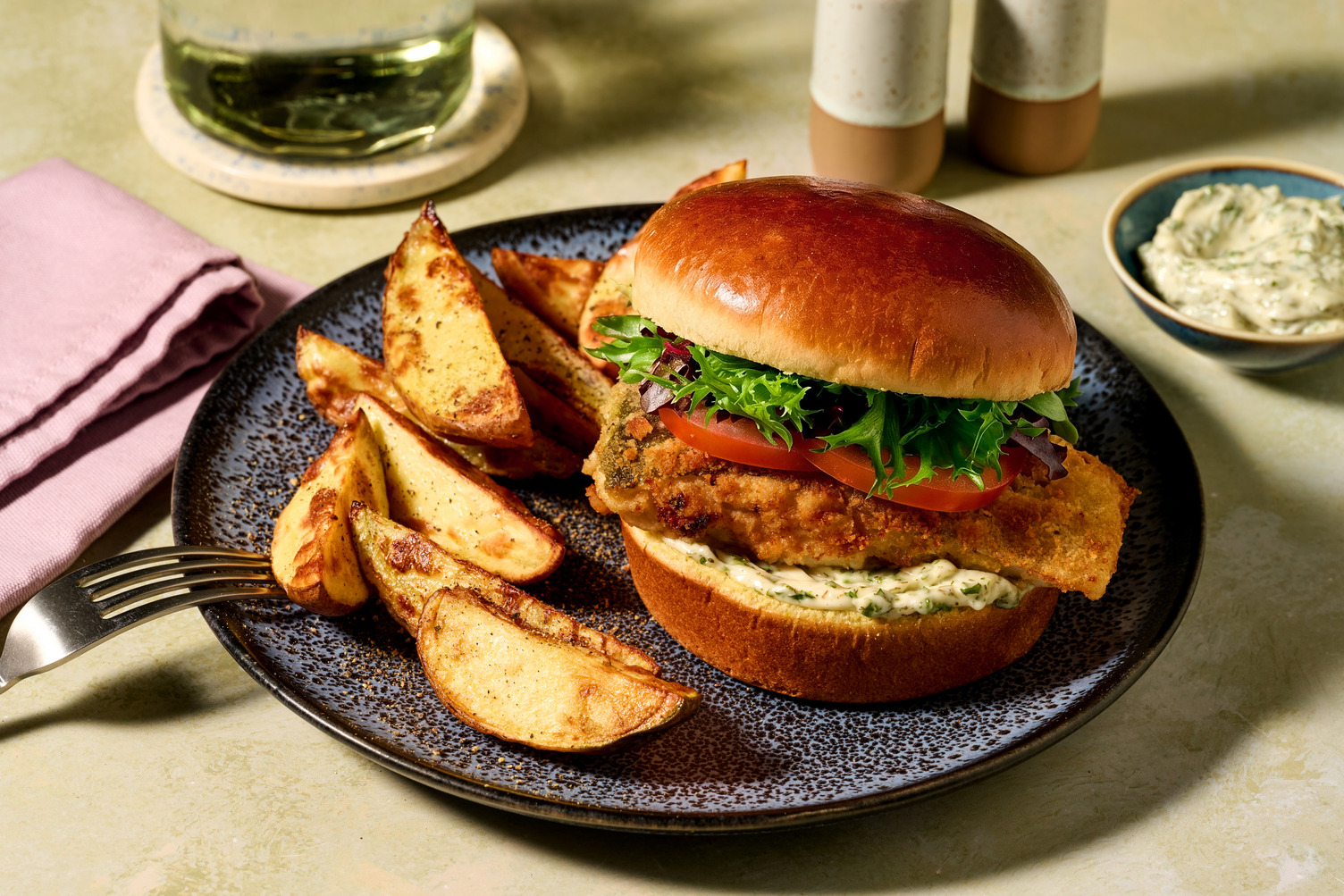 Crumbed Halloumi Burgers & Potato Wedges