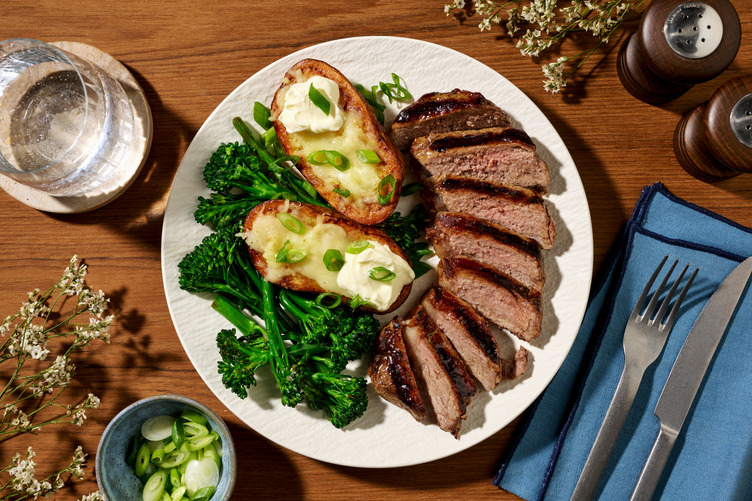 Grilled Pork Steak & Cheesy Jacket Potatoes