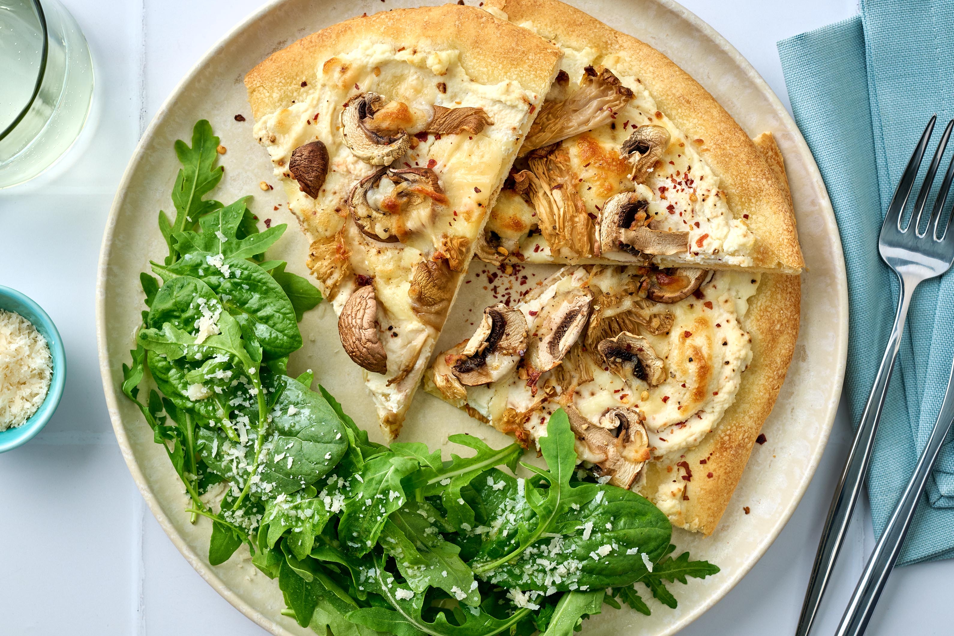 Three Cheese Chicken and Mushroom Pizza Bianco